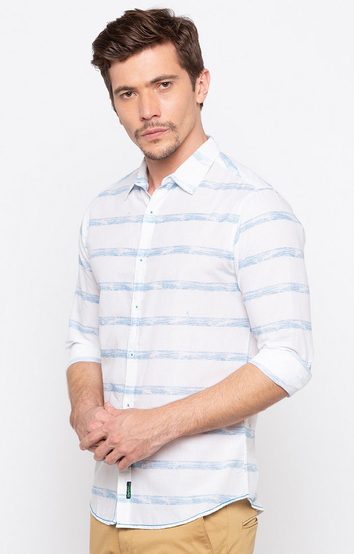 Spykar Men'S White Cotton Striped Casual Shirts