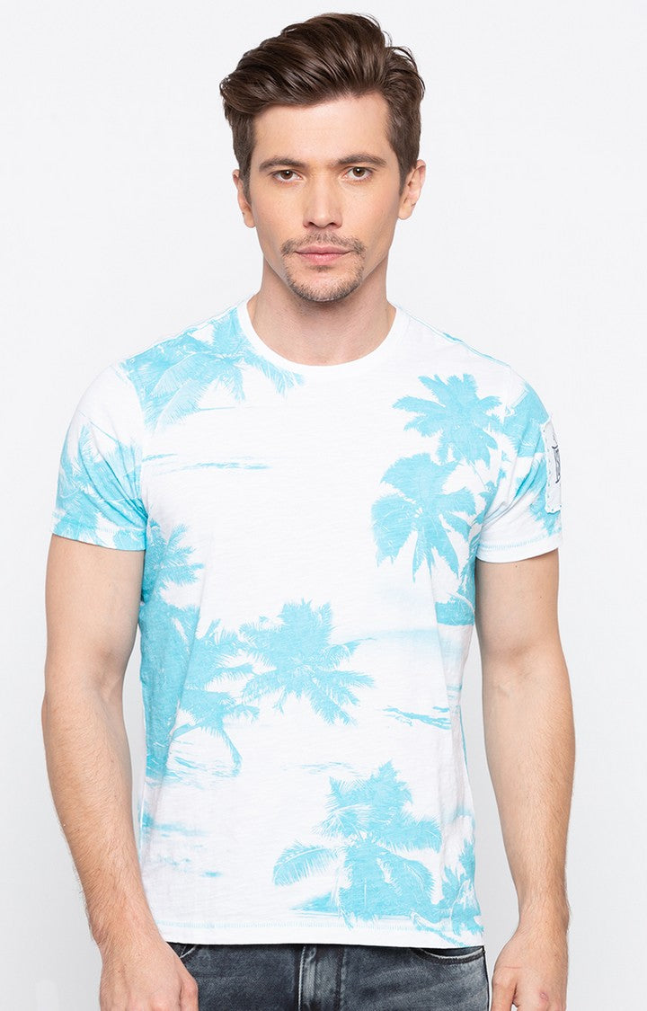 Spykar Sky Blue Printed Slim Fit Men T-Shirts