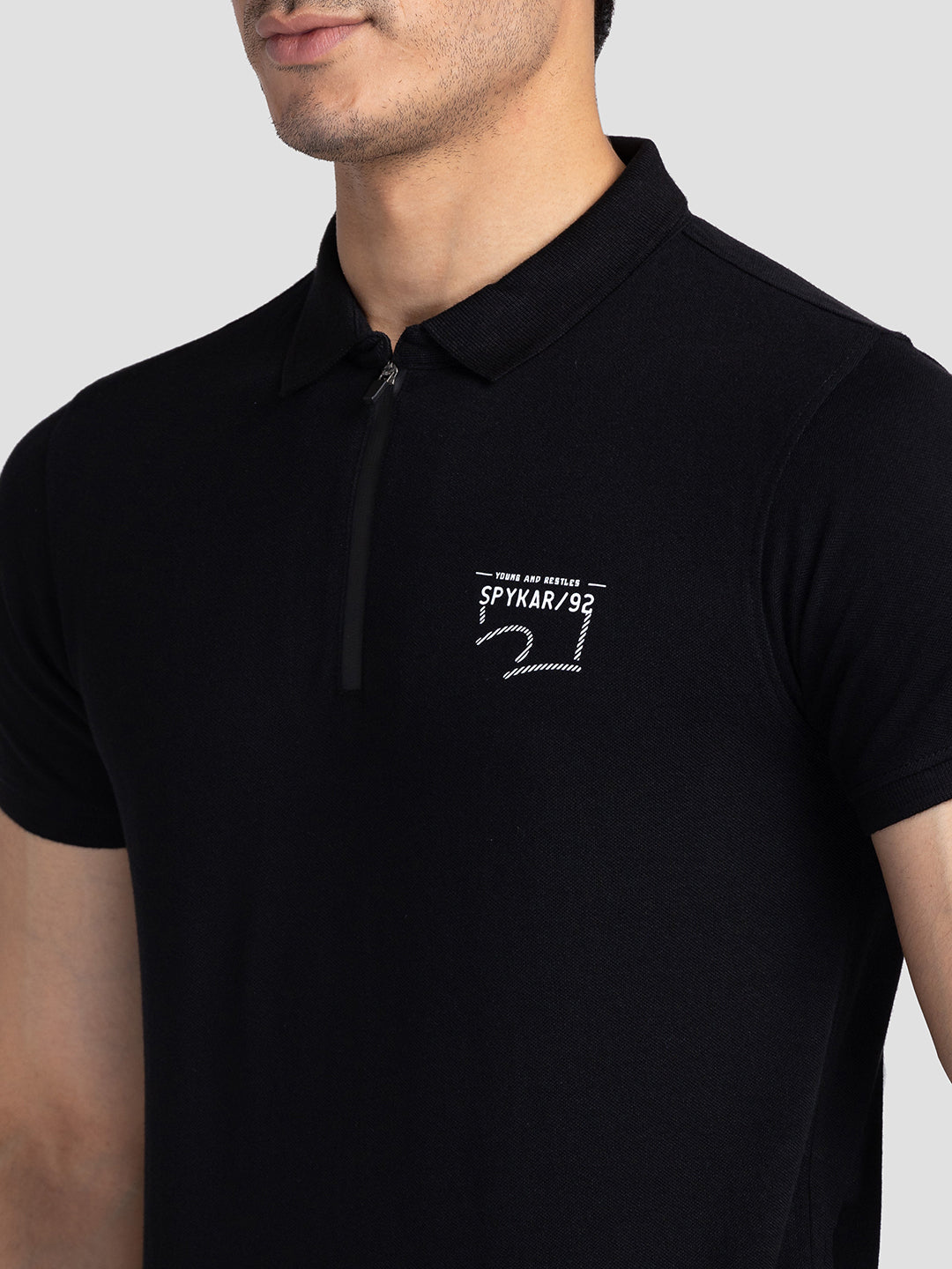 Spykar Men Black Cotton Slim Fit Polo Printed T-Shirt