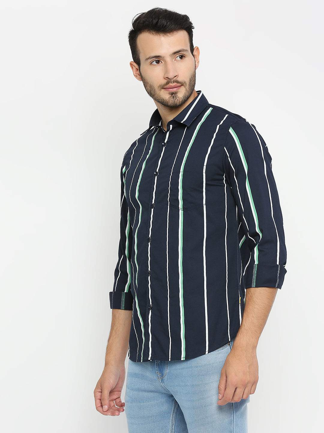 Spykar Men Navy Blue Cotton Full Sleeve Striped Shirt