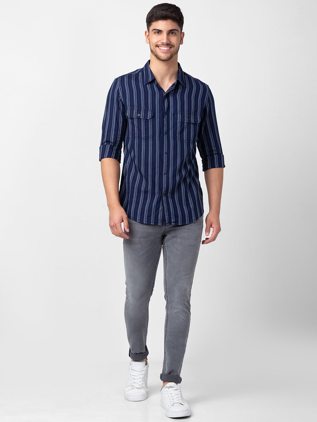 Spykar Men Indigo Blue Cotton Slim Fit Striped Shirt