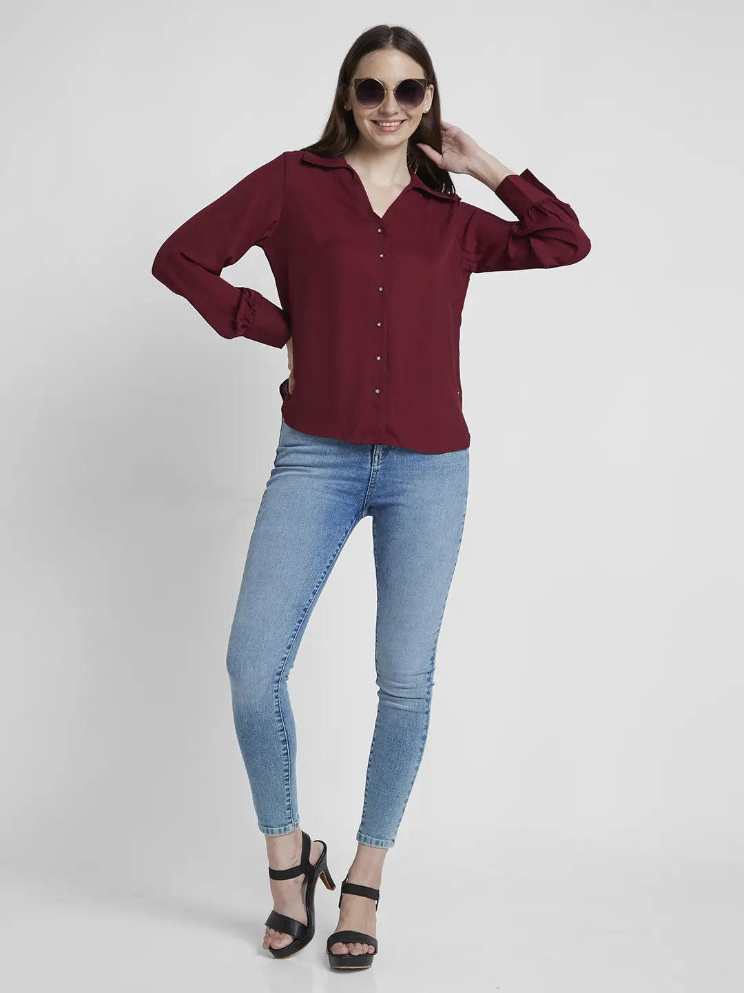 Spykar Women Dark Red Polyester Regular Fit Full Sleeve Plain Shirt