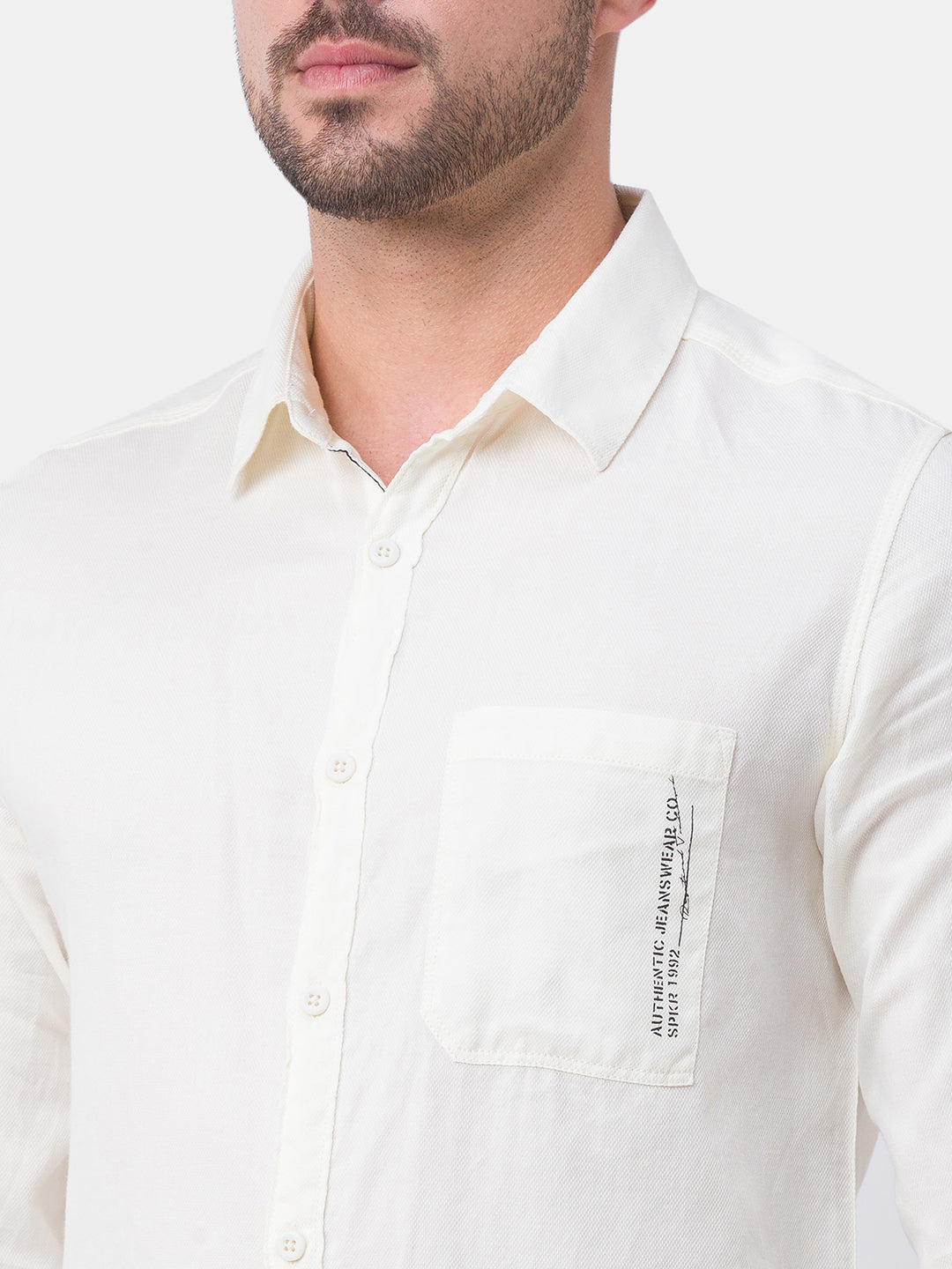 Spykar Off White Cotton Full Sleeve Plain Shirt For Men