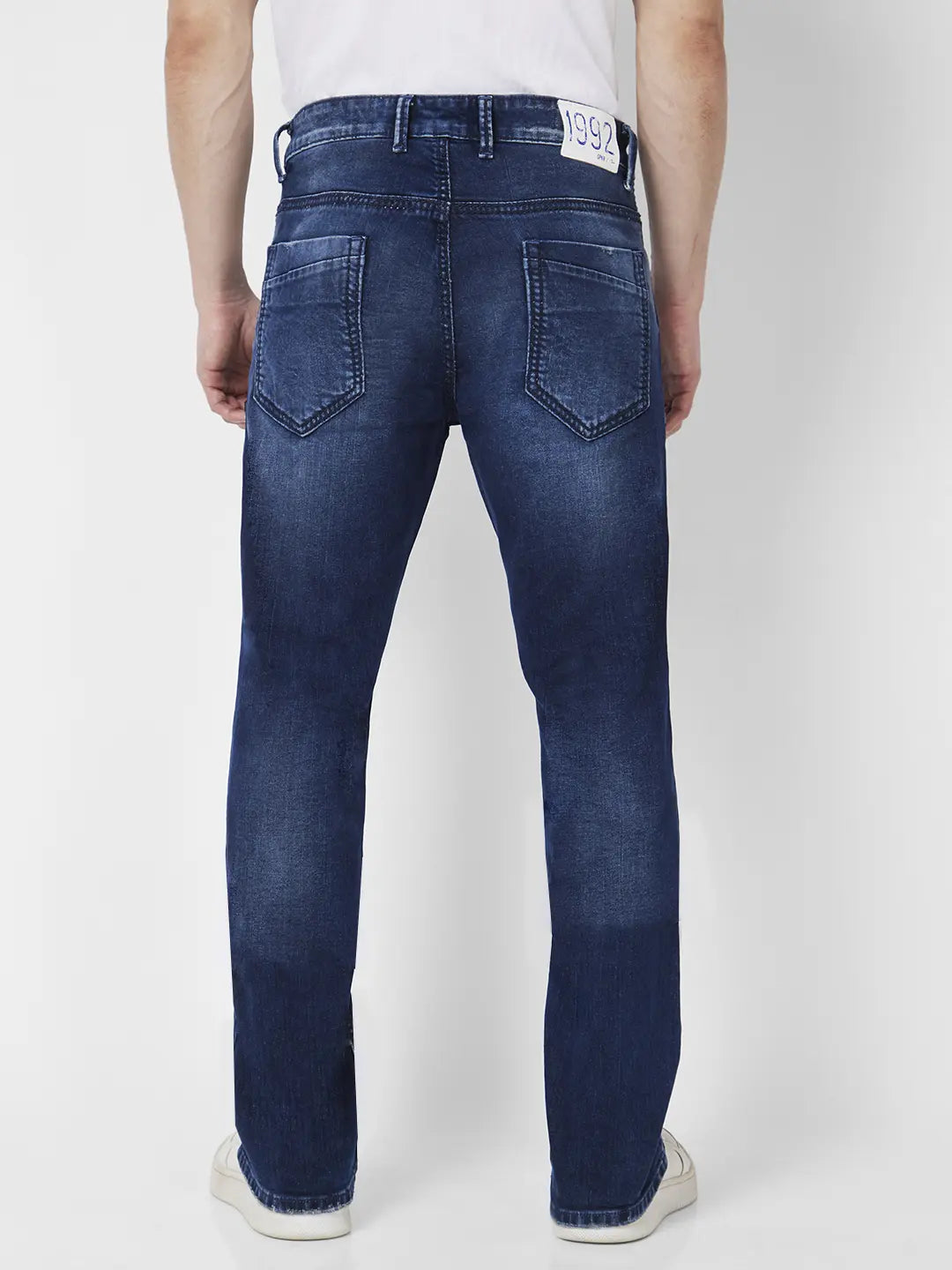 Spykar Men Dark Blue Cotton Comfort Fit Regular Length Mild Distressed Mid Rise Jeans (Rafter)