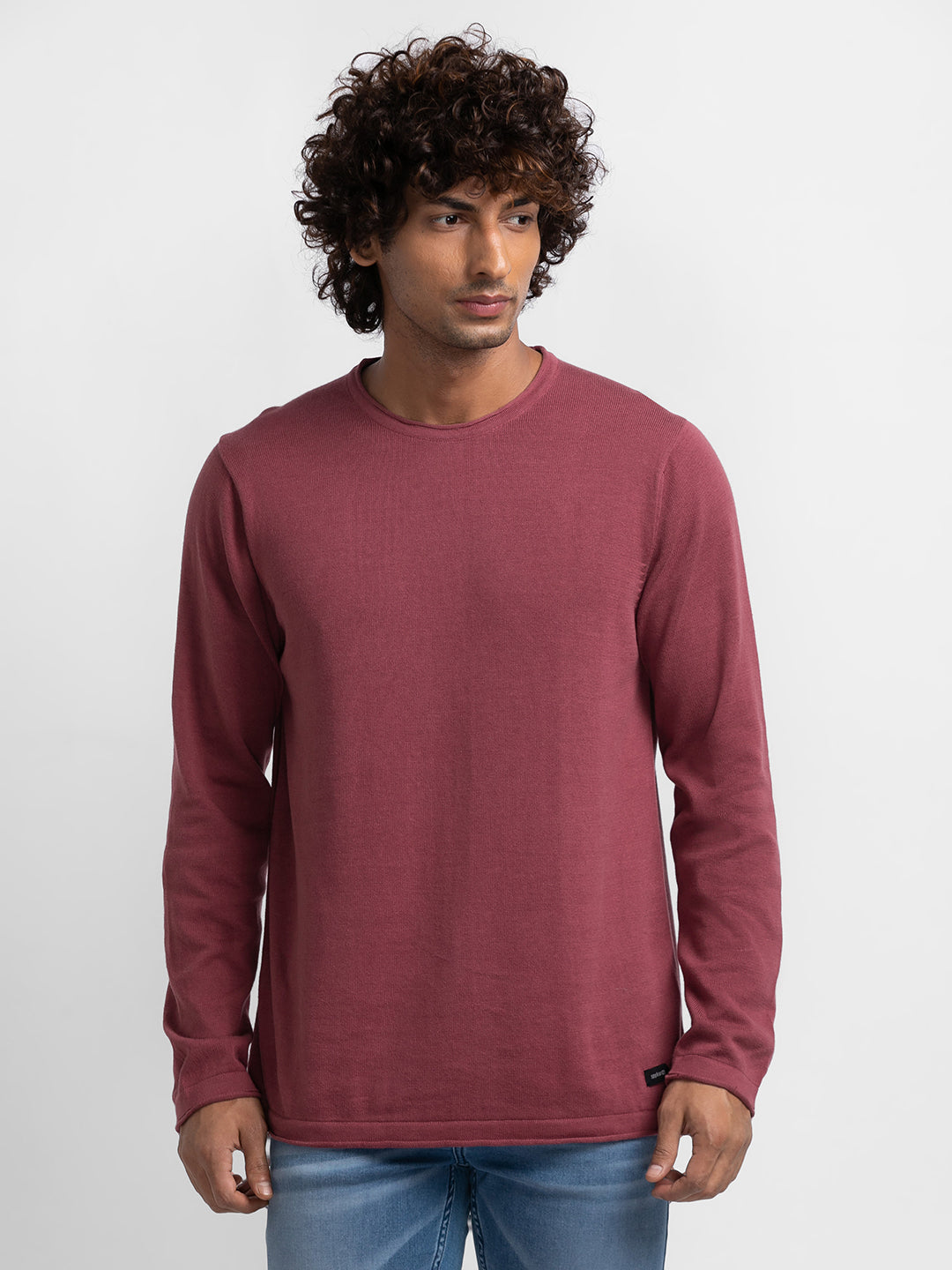 Spykar Mauve Red Cotton Full Sleeve Casual Sweater For Men