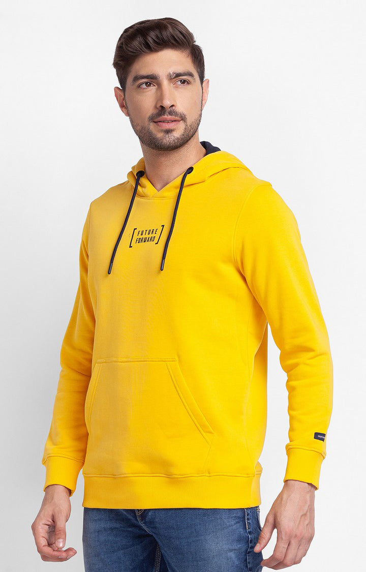 Spykar Chrome Yellow Cotton Full Sleeve Hooded Sweatshirt For Men