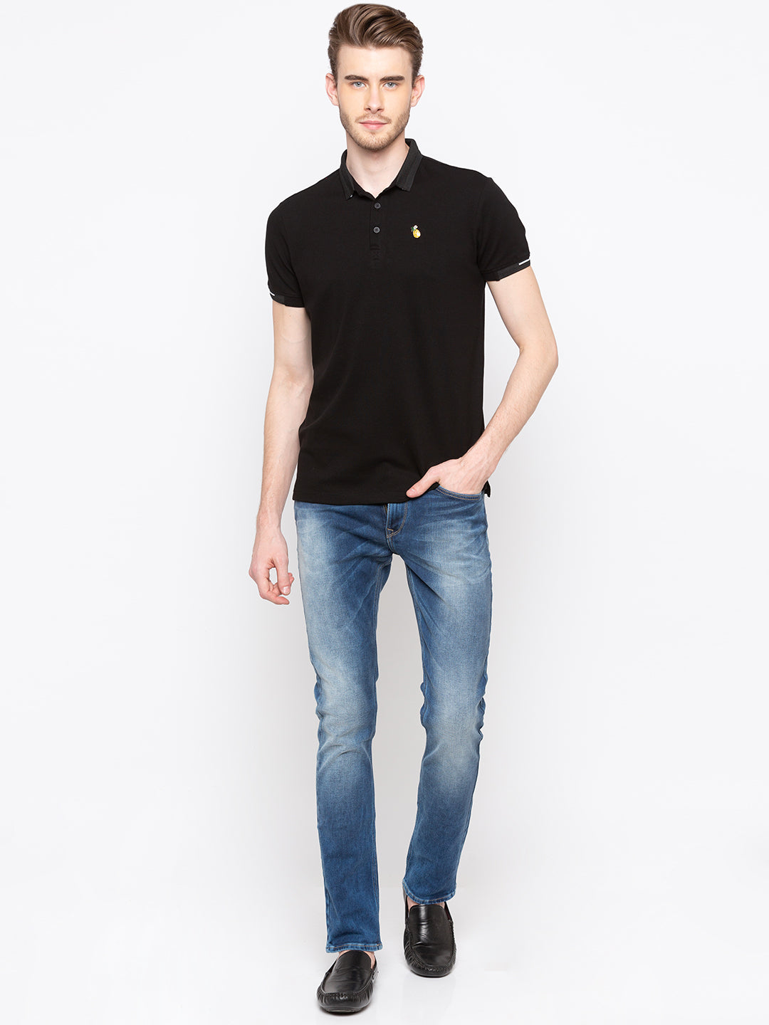 Spykar Men Black Cotton Slim Fit Polo T-Shirt