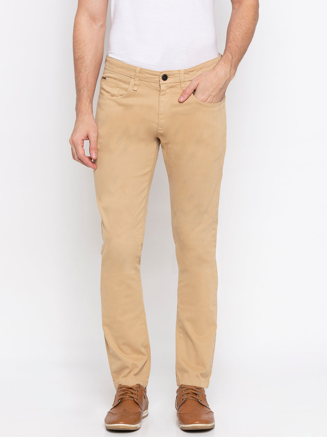 Spykar Men Yellow Cotton Slim Fit Casual Trousers