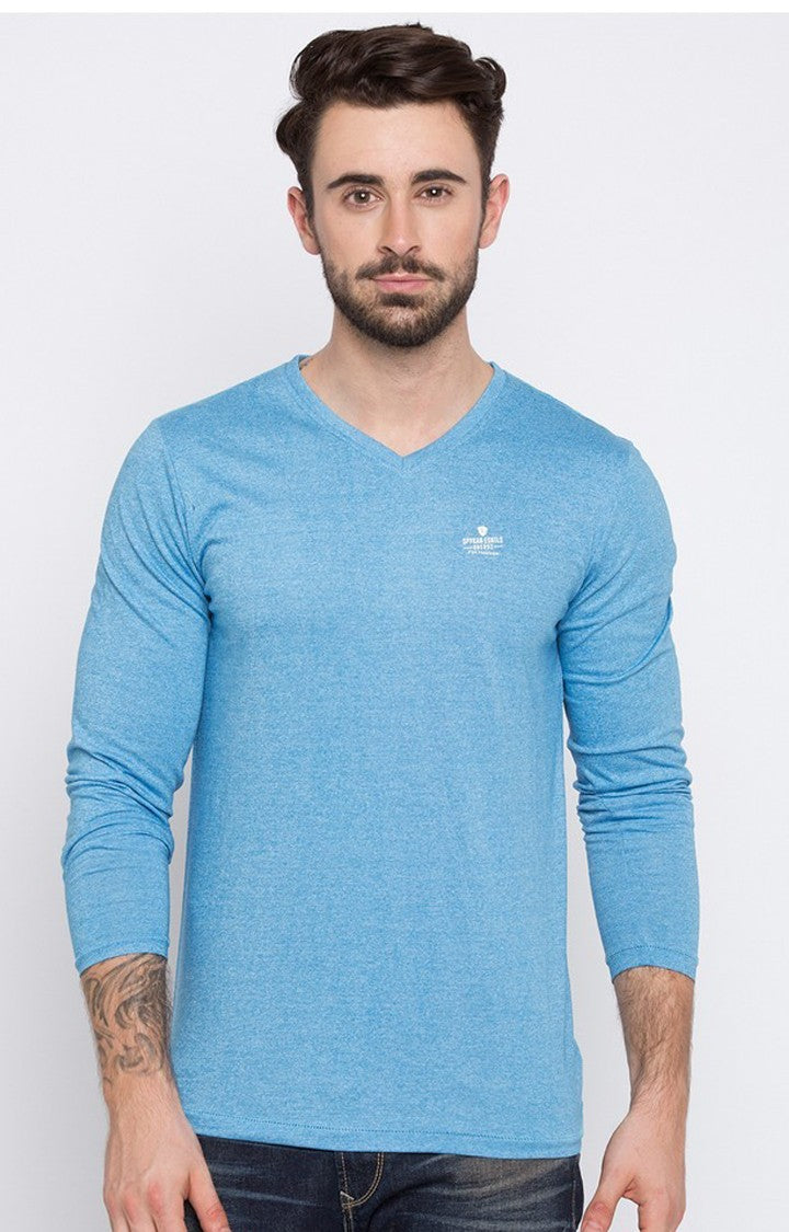 Spykar Blue Melange Slim Fit Men T-Shirts