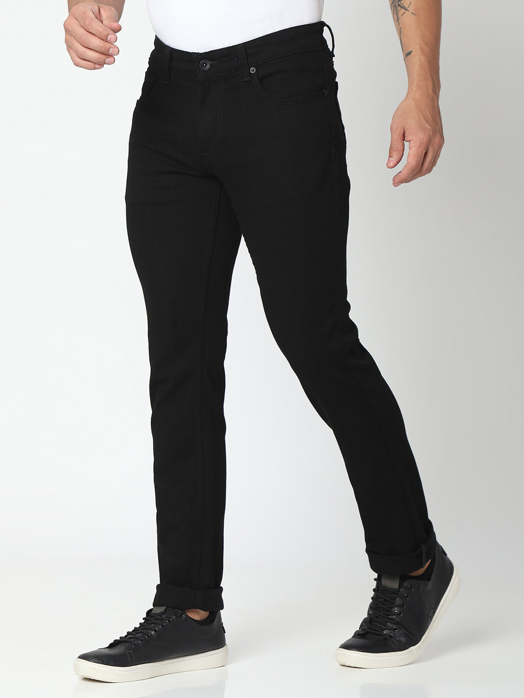 Spykar Black Cotton Regular Fit Narrow Length Jeans For Men (Rover)
