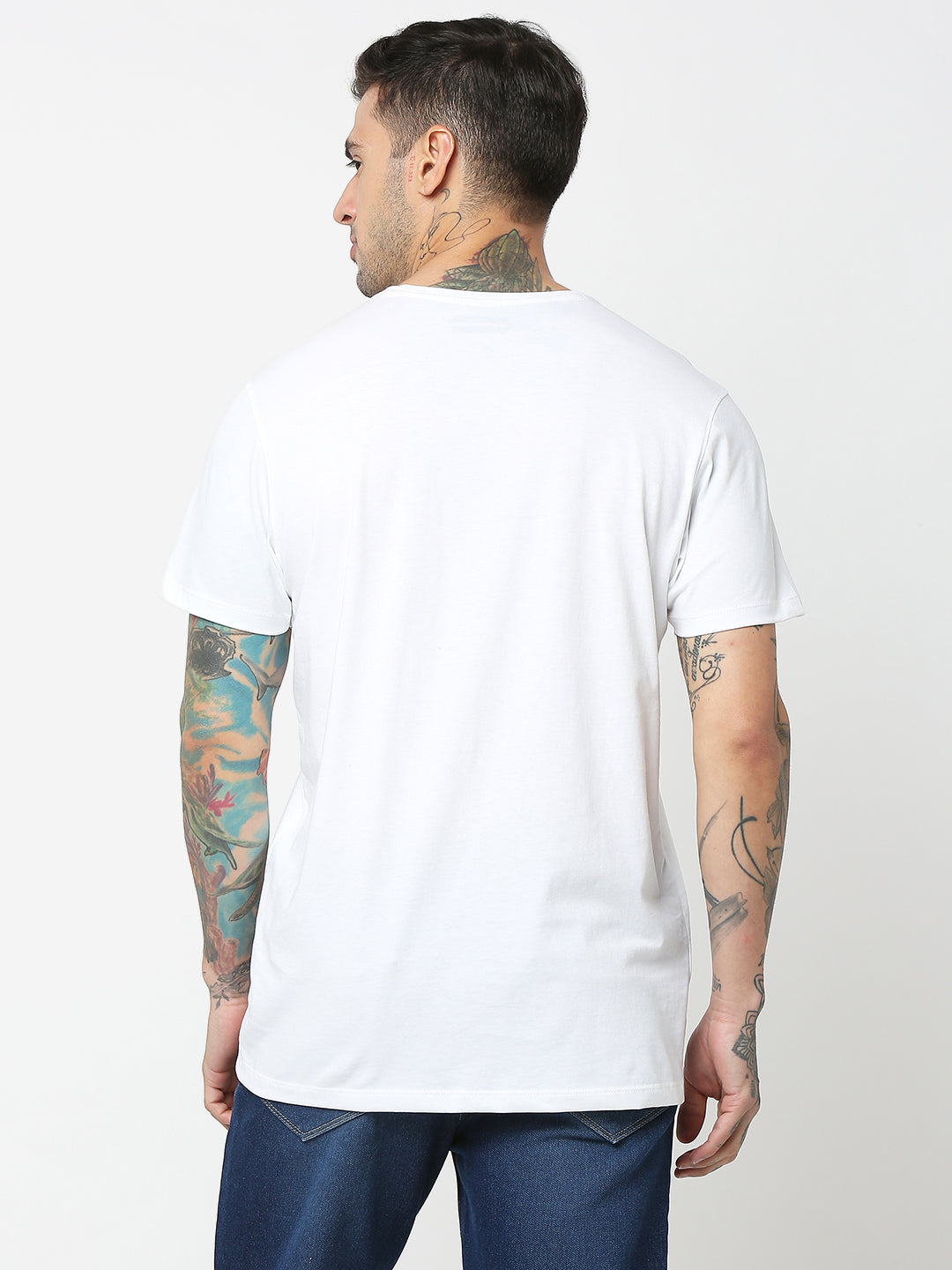 Spykar Men White Cotton Slim Fit Round Neck Printed T-Shirt