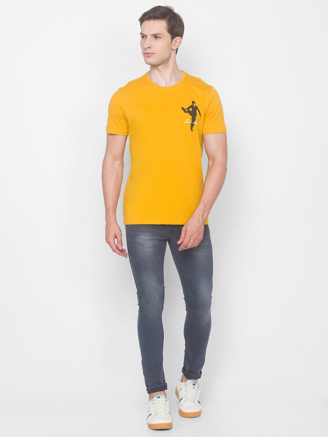 Charlie Chaplin Spykar Men Yellow Cotton Slim Fit Round Neck T-Shirt