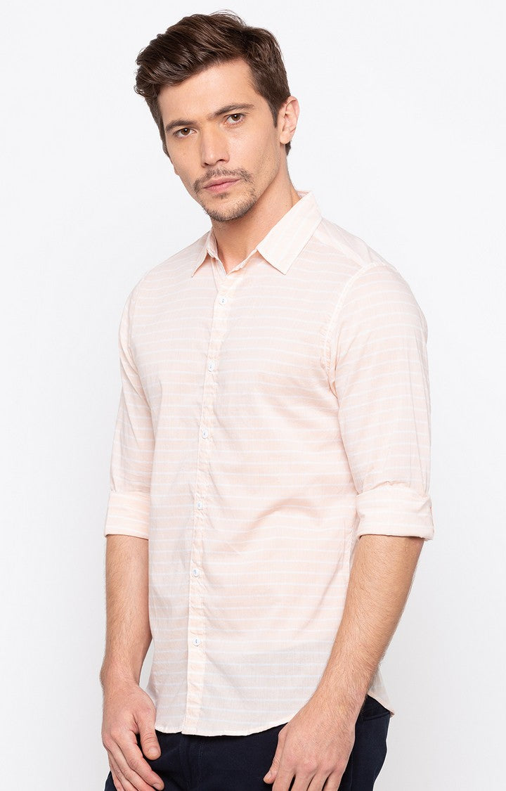 Spykar Men'S Orange Cotton Striped Casual Shirts