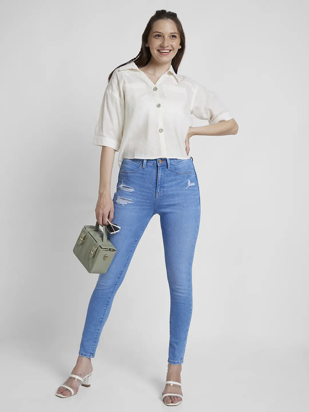 Spykar Women White Viscose Linen Slim Fit Half Sleeve Plain Crop Shirt