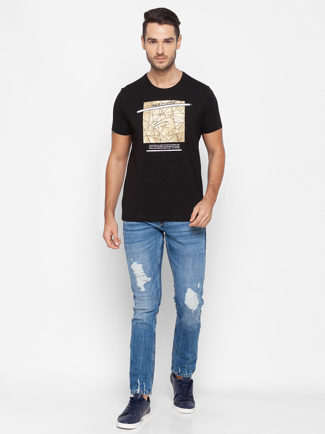 Spykar Black Cotton Men T-Shirt