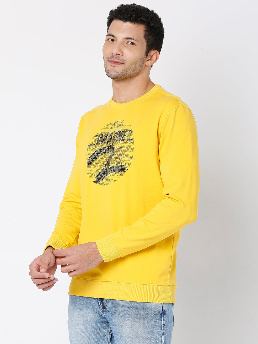 Spykar Men Mustard Cotton Full Sleeve Round Neck Sweatshirt