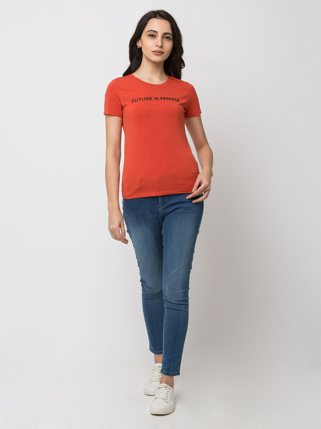 Spykar Women Orange Cotton Slim Fit Round Neck T-Shirts