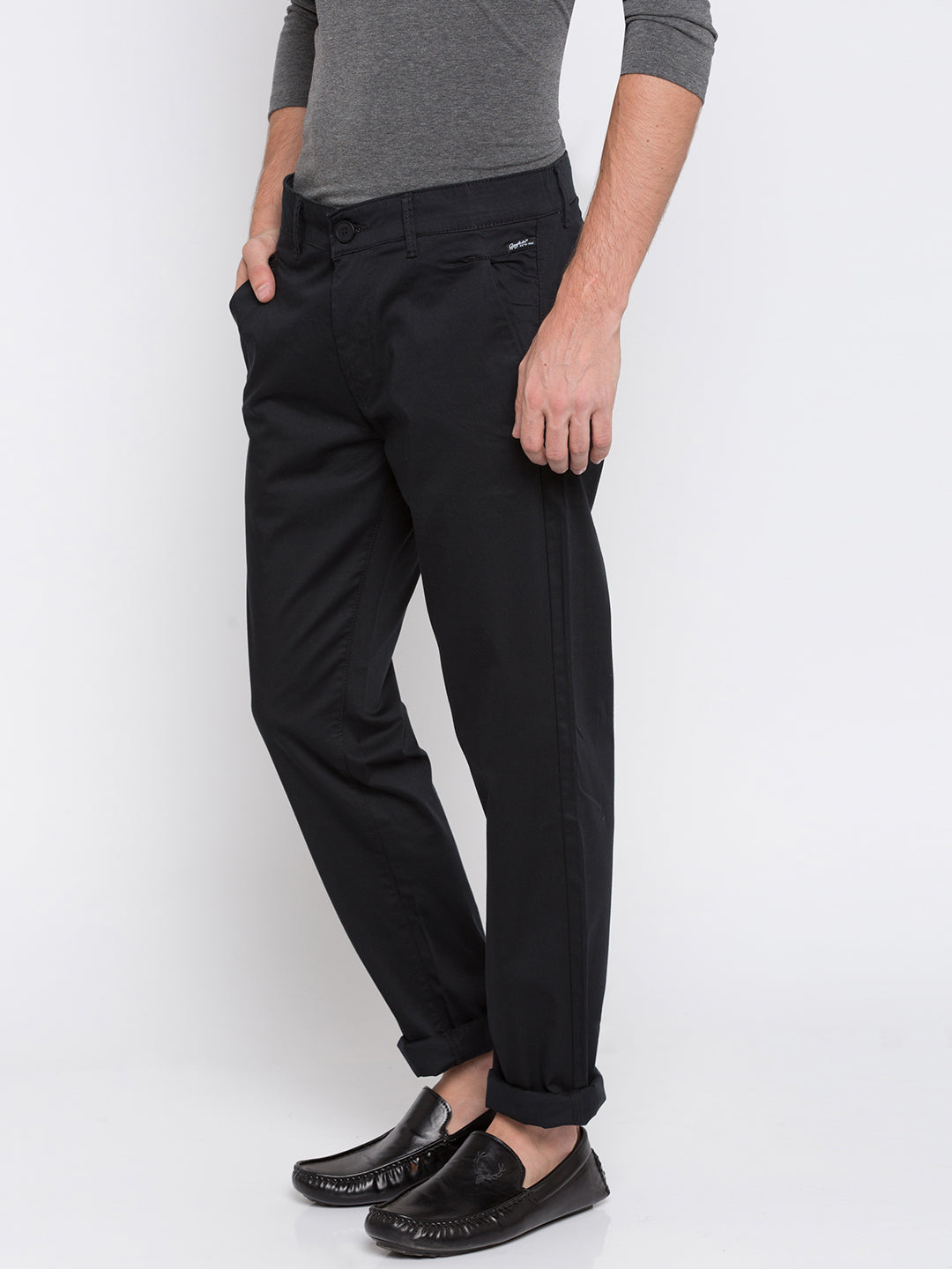 Spykar Men Black Cotton Slim Fit Casual Trousers