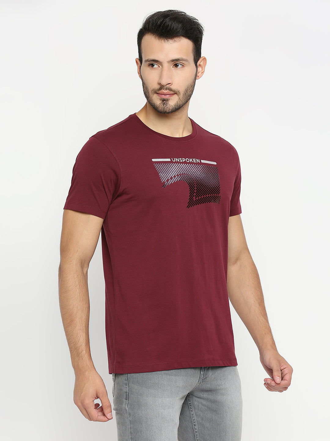 Spykar Wine Cotton Half Sleeve Printed Casual T-Shirt For Men