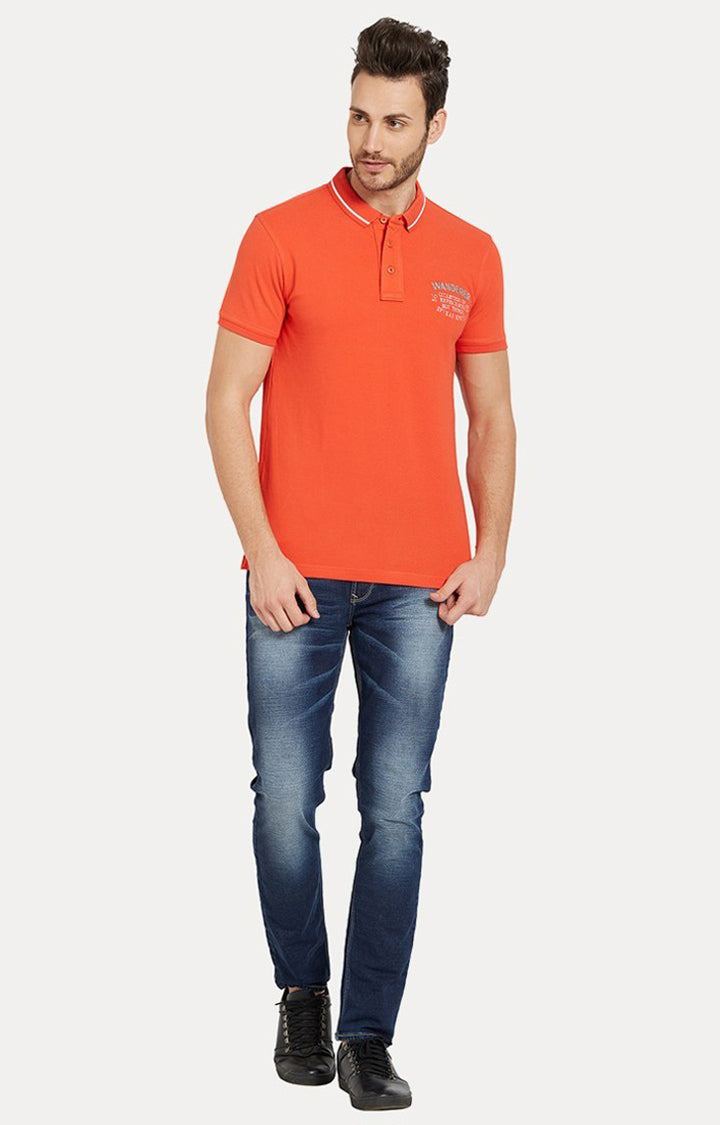 Spykar Orange Solid Slim Fit Polo T-Shirt