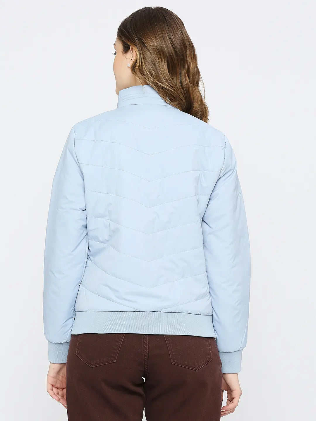 Spykar Women Sky Blue Nylon Regular Fit High Neck Plain Jacket