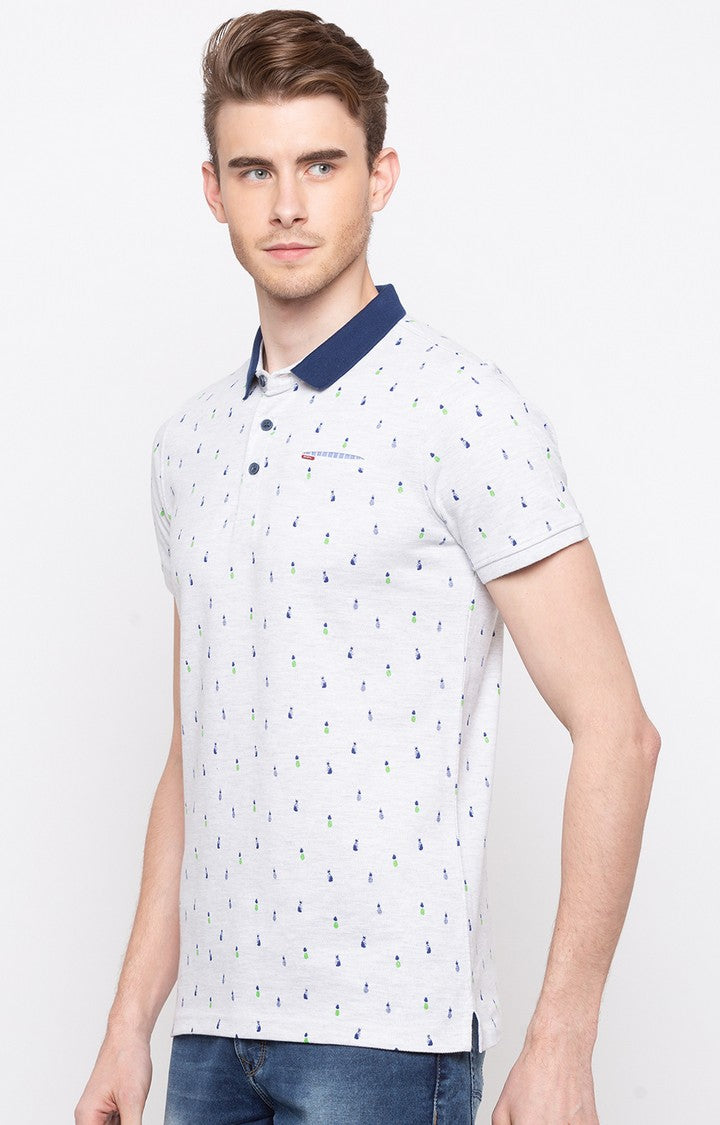 Spykar White Printed Slim Fit Polo T-Shirt