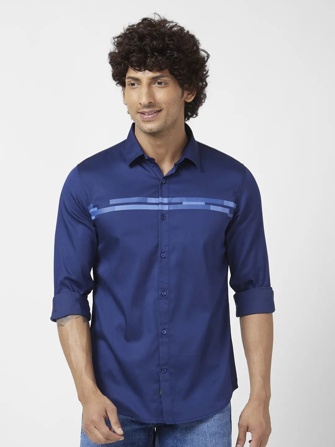 Spykar Men Navy Blue Dyed Regular Slim Fit Full Sleeve Printed Shirt