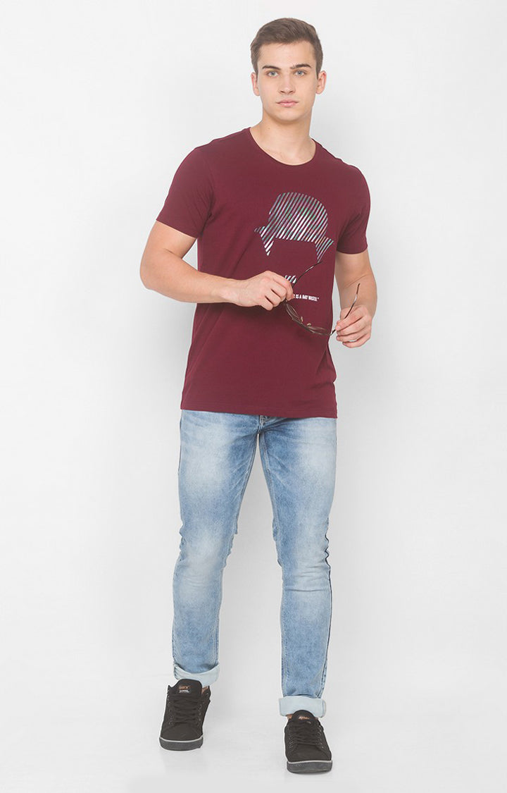 Charlie Chaplin Spykar Men Wine Cotton Slim Fit Round Neck Printed T-Shirt