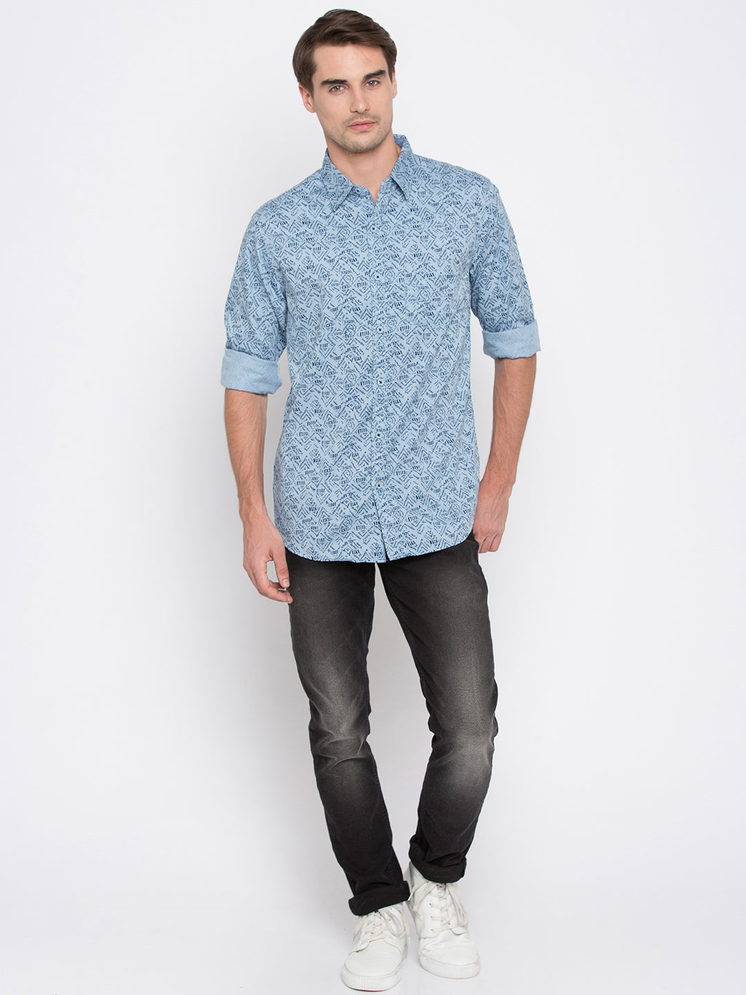 Spykar Blue Cotton Slim Fit Shirts For Men