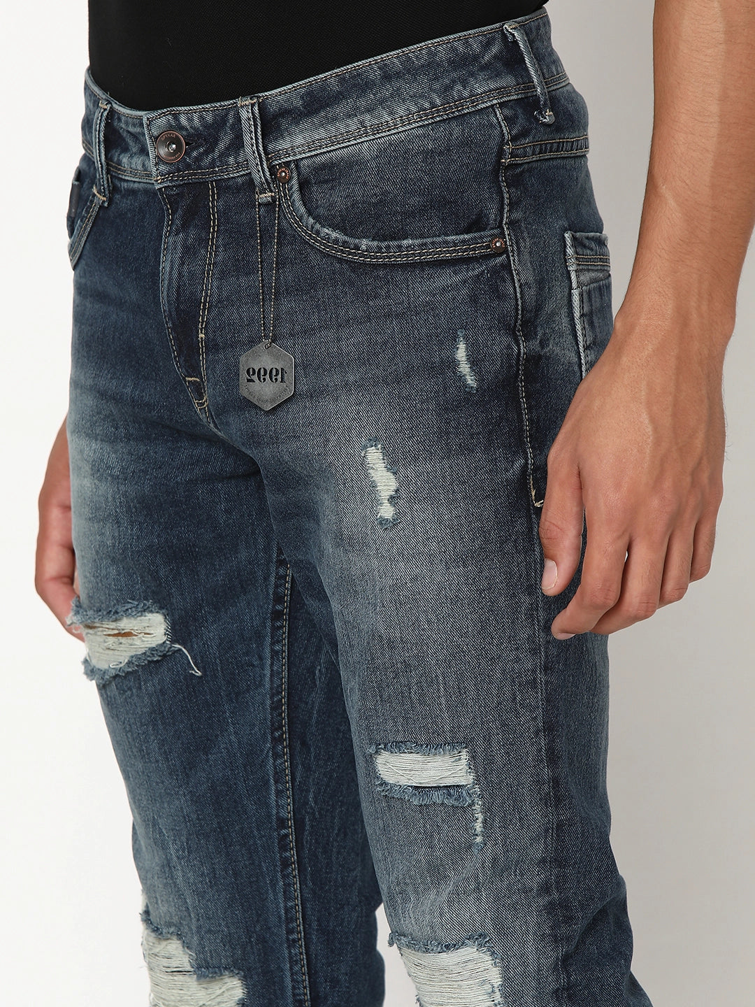 Spykar Men Vintage Blue Cotton Slim Fit Narrow Length Low Distressed Low Rise Stretchable Jeans (Skinny)