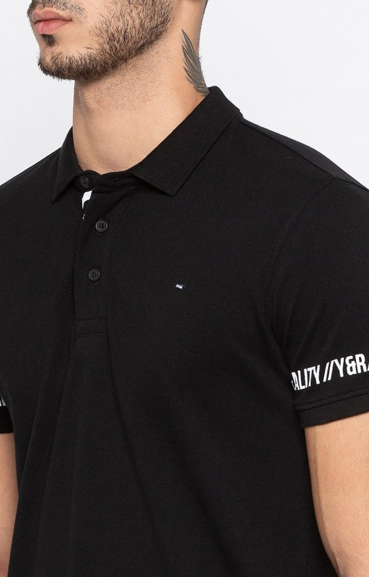 Spykar Black Printed Slim Fit Polo T-Shirt