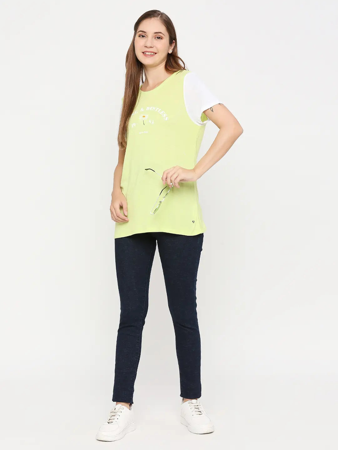 Spykar Women Pea Green Cotton Regular fit Round Neck Printed T-Shirts
