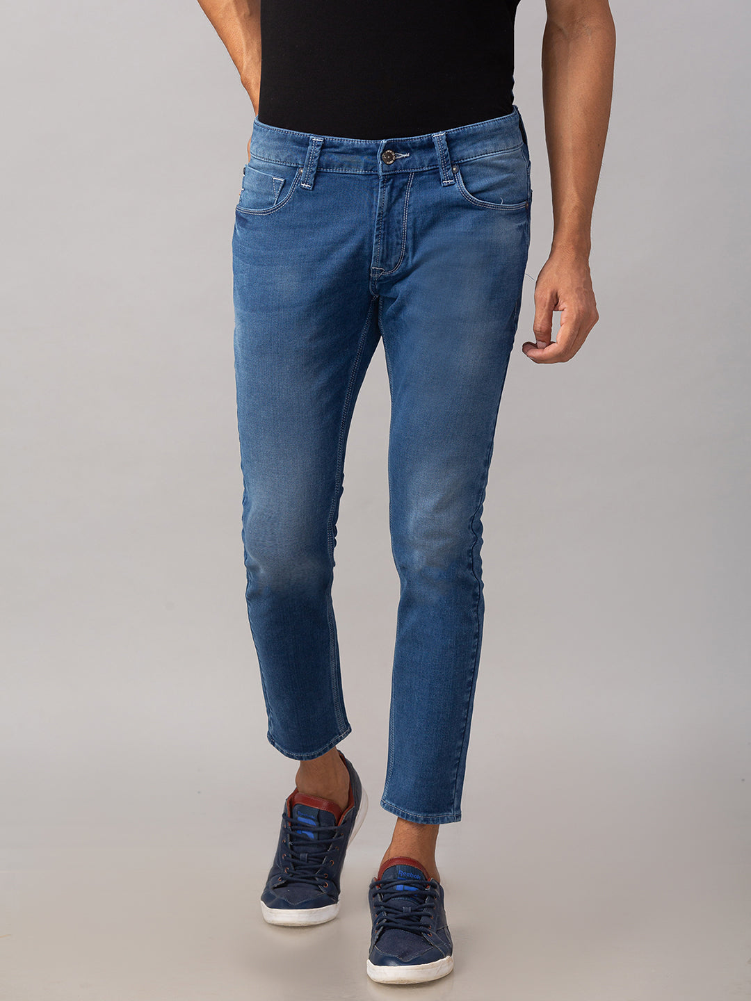 Spykar Men Blue Cotton Mid Rise Slim Fit Tapered Leg Ankle Length Jeans (Kano)