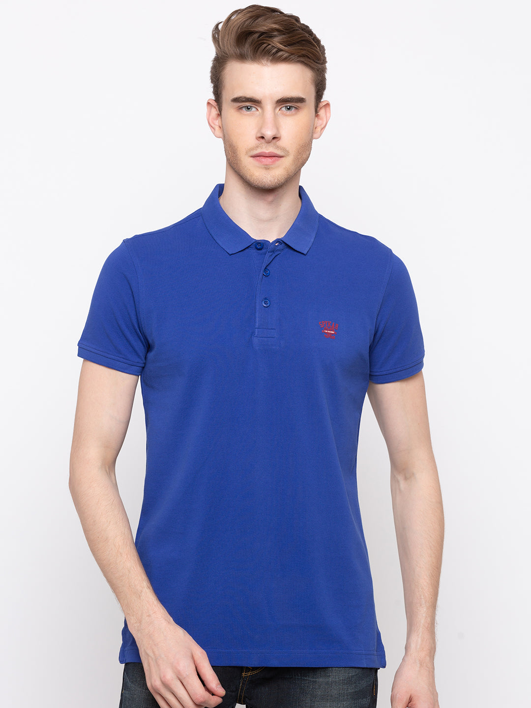 Spykar Men Blue Cotton Slim Fit Polo T-Shirt