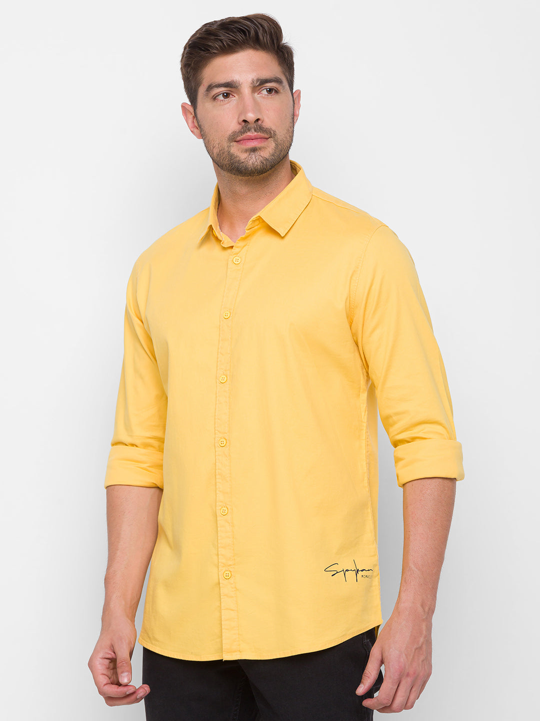 Spykar Yellow Cotton Slim Fit Shirts For Men