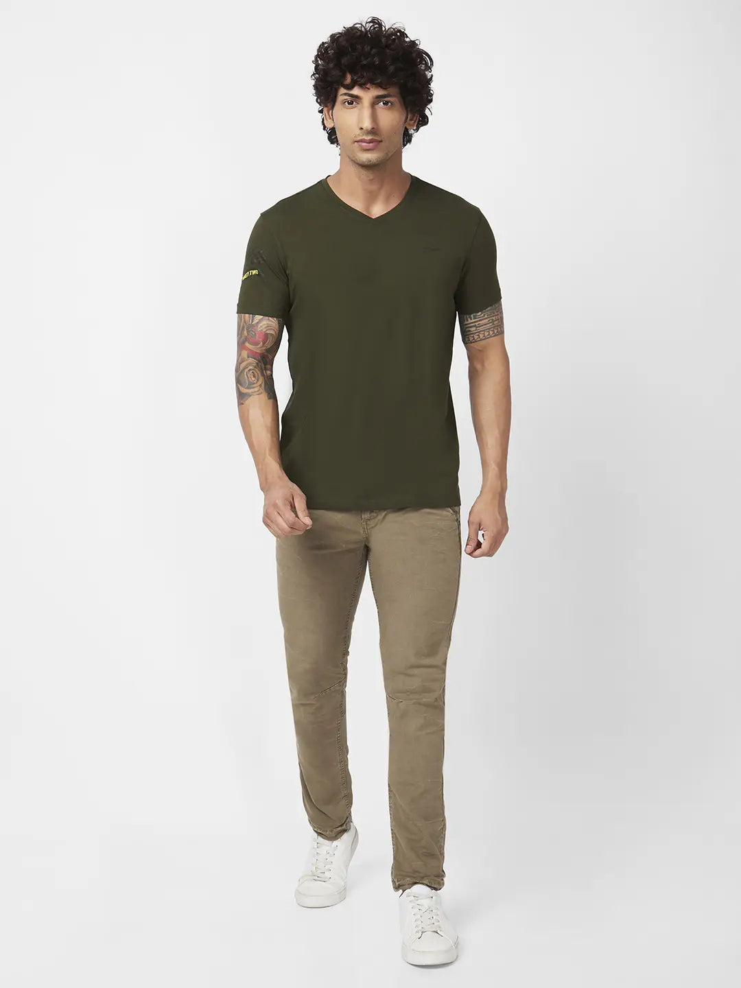 Spykar Men Rifle Green Blended Slim Fit Half Sleeve V-Neck Plain Tshirt