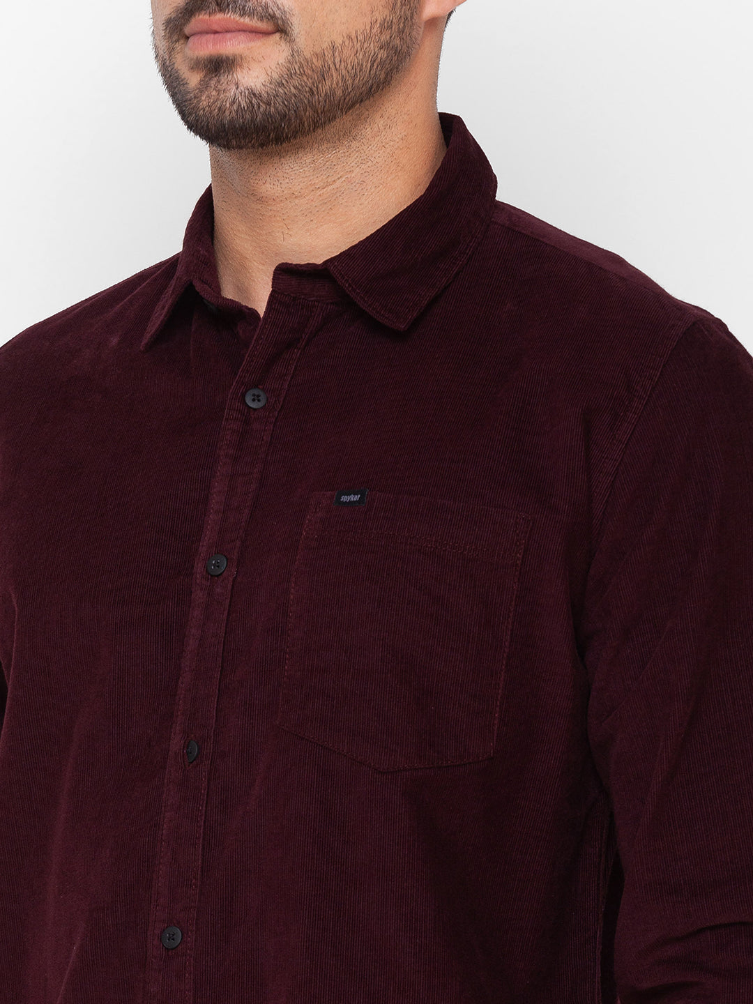 Spykar Wine Red Cotton Full Sleeve Plain Shirt For Men