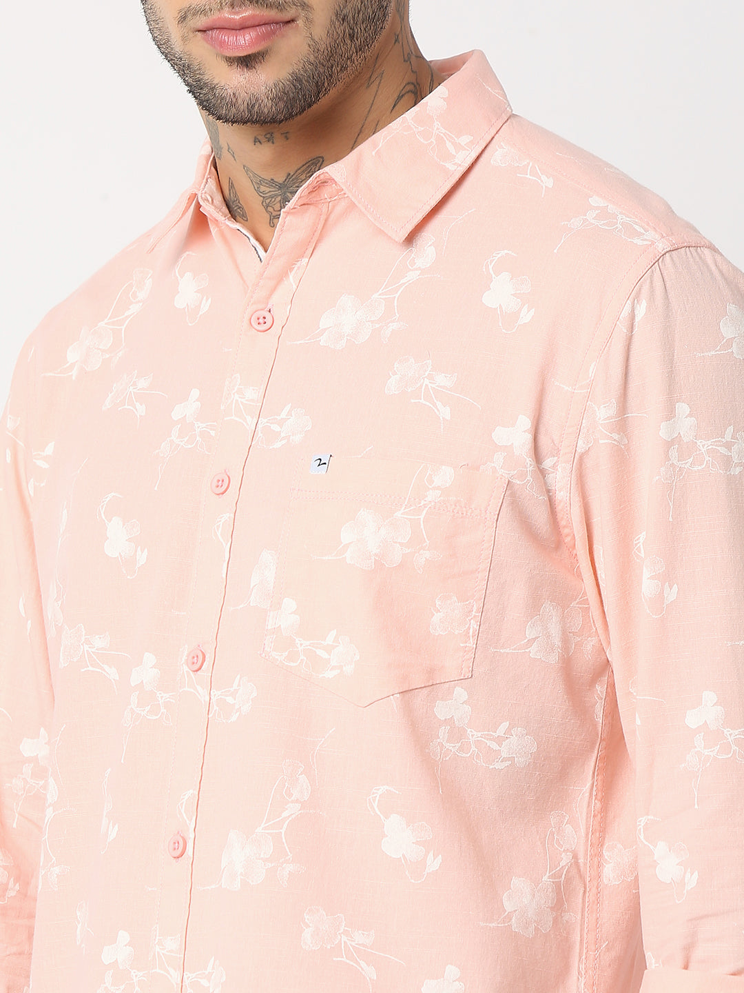 Spykar Men Peach Cotton Slim Fit Printed Shirts