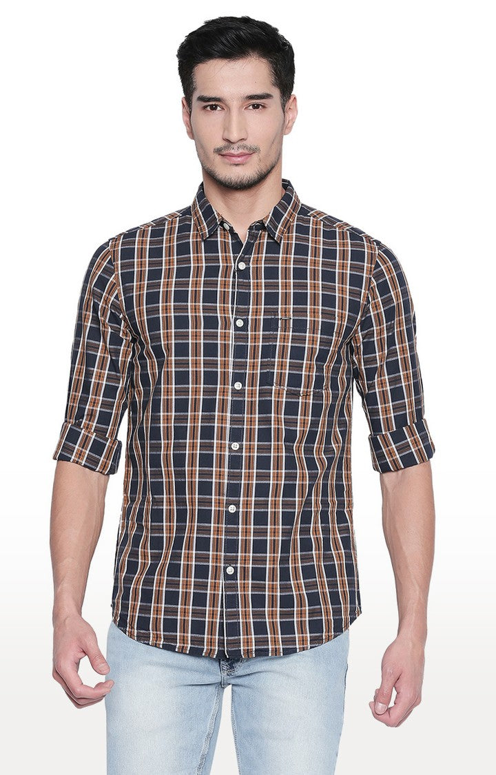 Spykar Men'S Blue Cotton Checked Casual Shirts