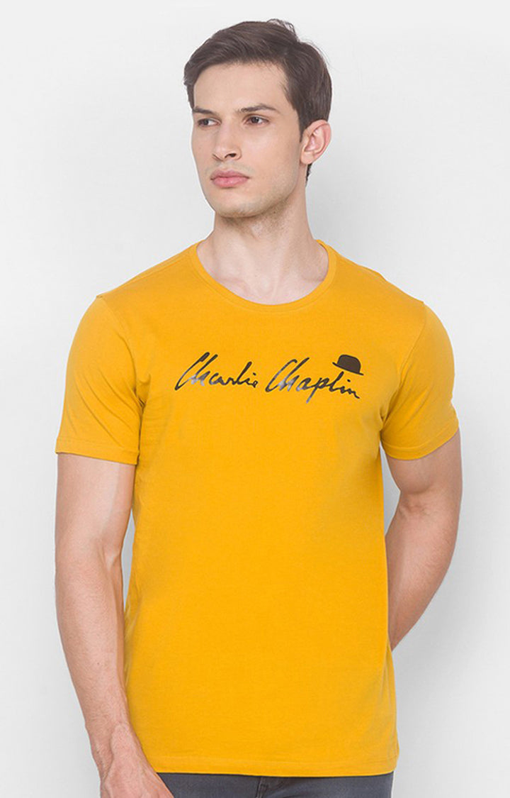 Charlie Chaplin Spykar Men Mustard Cotton Slim Fit Round Neck Printed T-Shirt