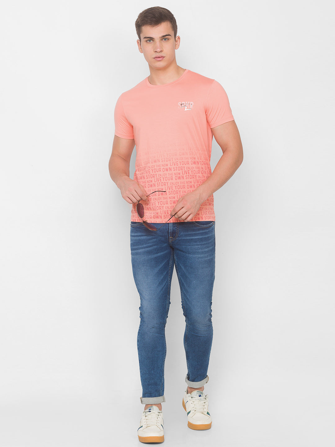 Spykar Men Peach Blended T-Shirt (Slim)