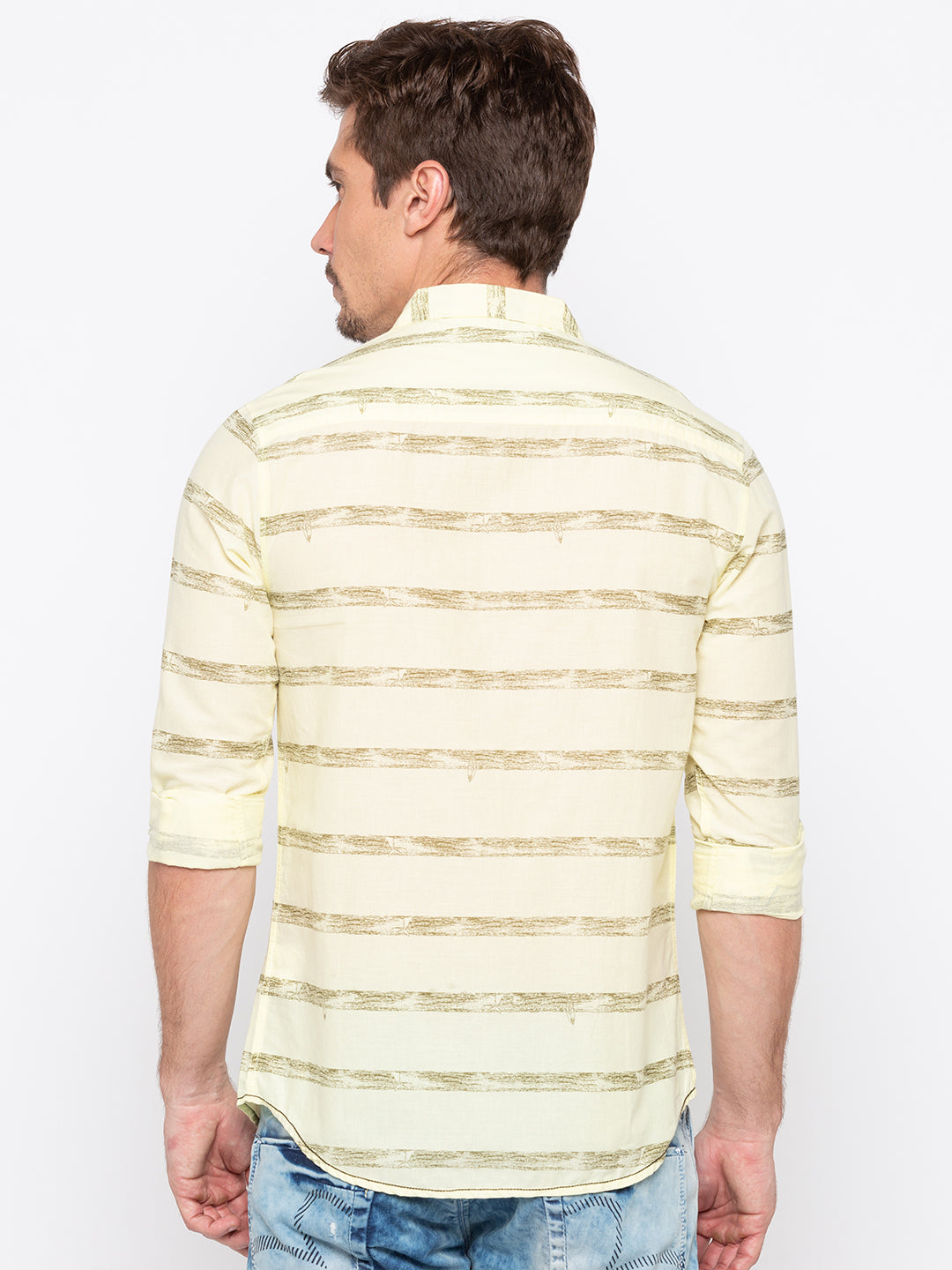 Spykar Men Yellow Striped Slim Fit Casual Shirt