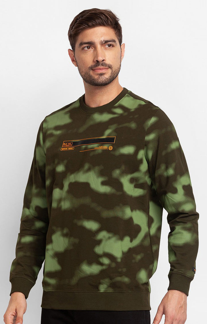 Spykar Rifle Green Cotton Full Sleeve Round Neck Sweatshirt For Men