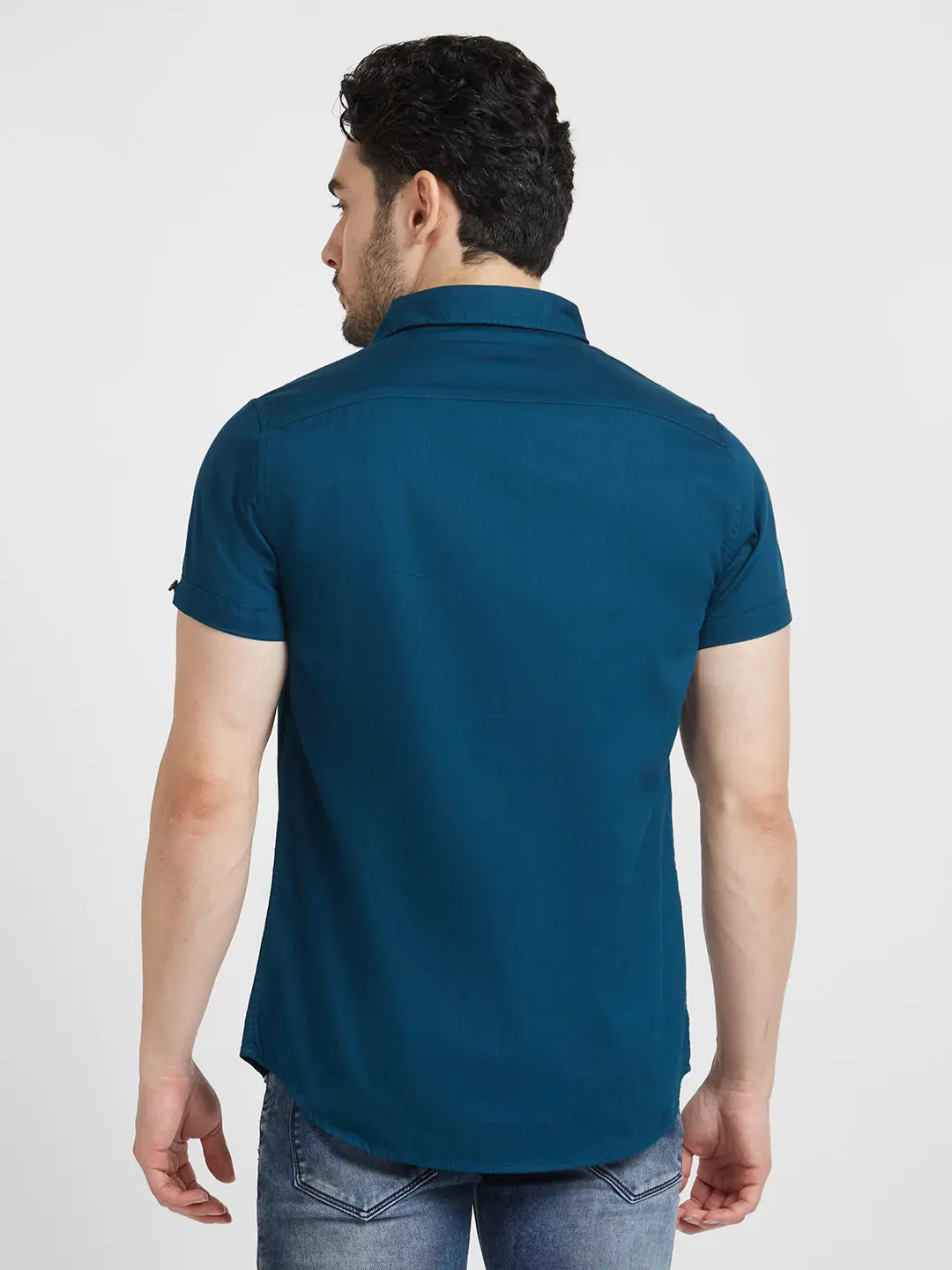 Spykar Men Teal Blue Dyed Regular Slim Fit Half Sleeve Plain Shirt