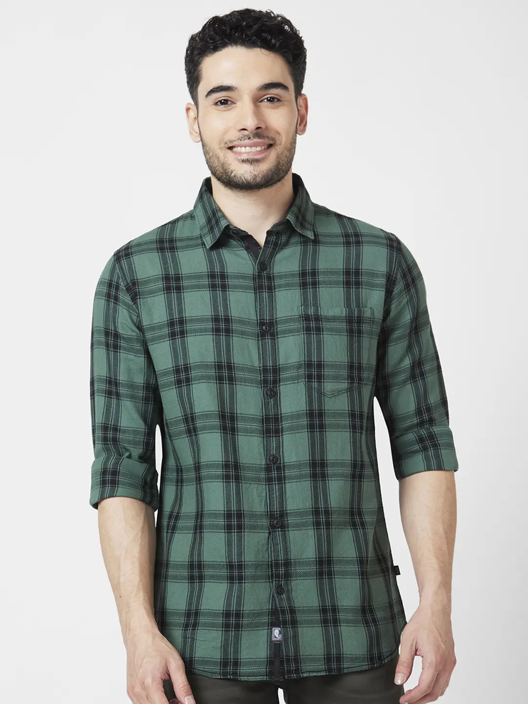 Spykar Men Sage Green Cotton Regular Slim Fit Full Sleeve Checkered Shirt