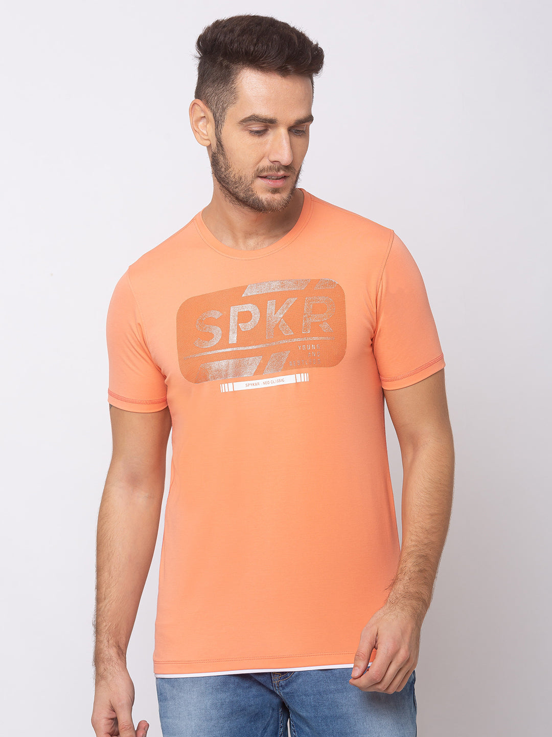 Spykar Men Pink Cotton Slim Fit Round Neck T-Shirt