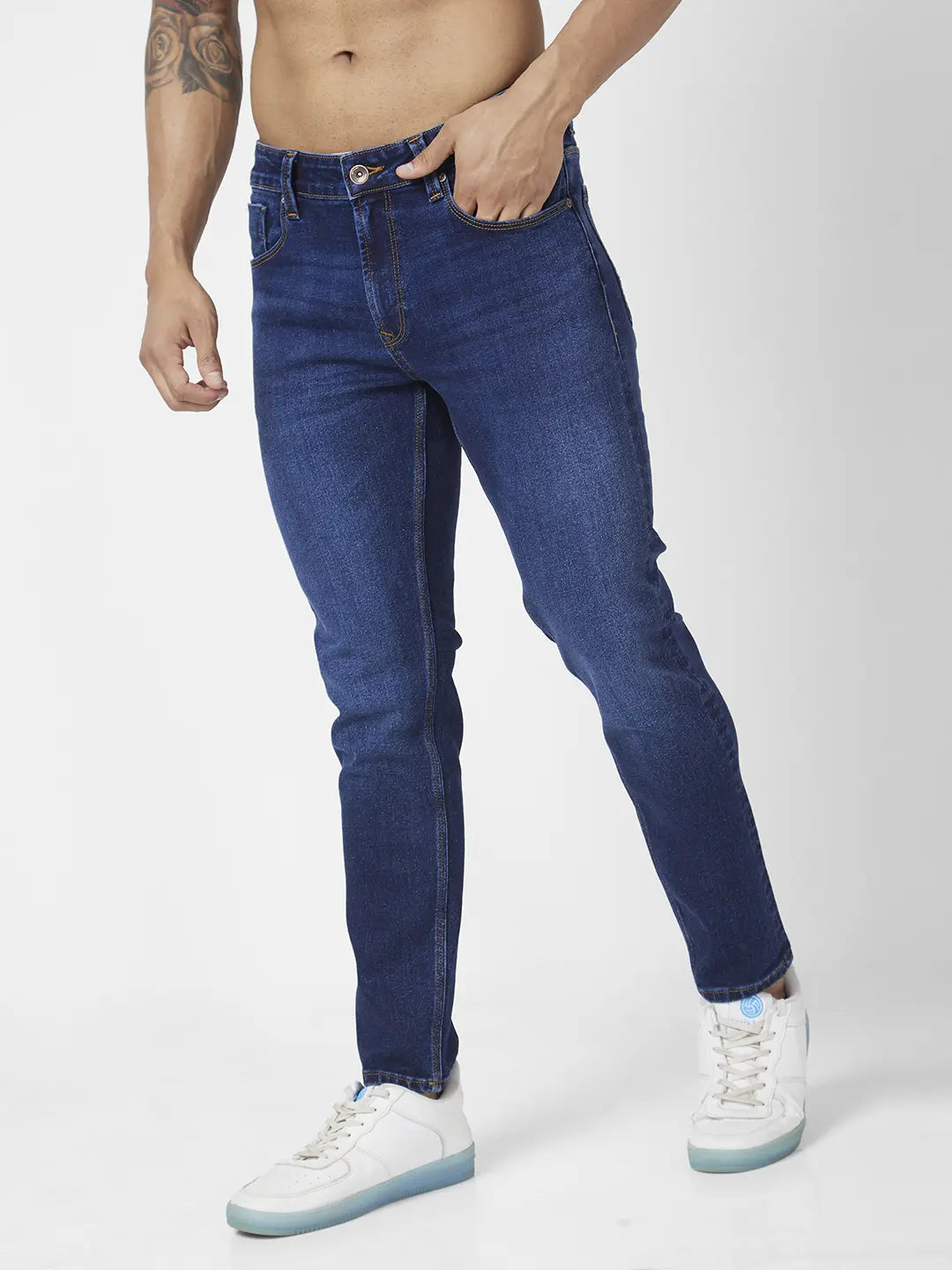 Spykar Men Mid Blue Cotton Stretch Slim Fit Tapered Length Clean Look Mid Rise Jeans (Kano)