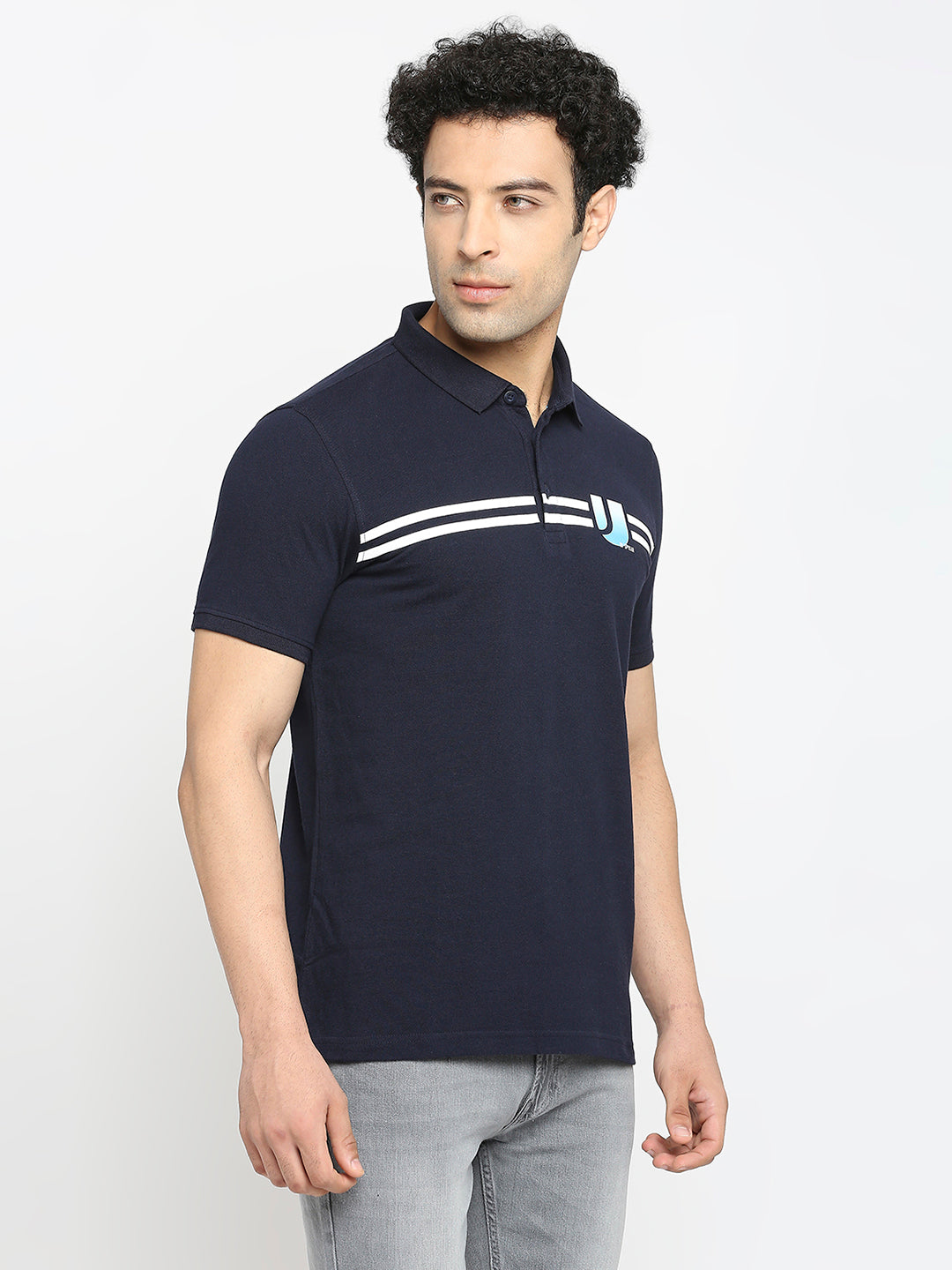 Men Premium Cotton Navy Blue Polo T-shirt- UnderJeans by Spykar