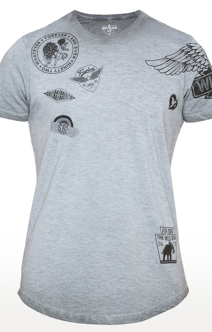 Spykar Grey Printed Slim Fit Men T-Shirts