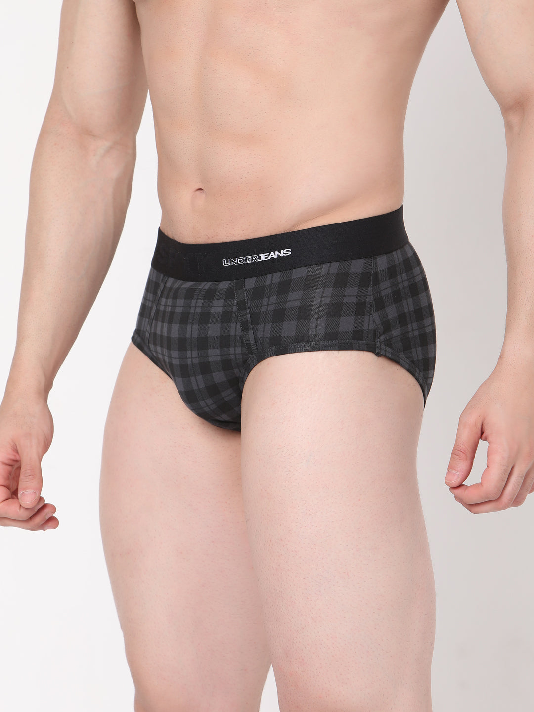 Men Premium Cotton Blend Black-Check Brief - (Pack Of 2)- Underjeans By Spykar